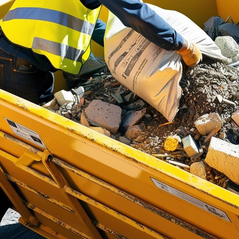 please create a picture of a skip with rubble in it, maybe with a workman putting rubbish in it. Make the skip yellow please Man putting rubbish into skip